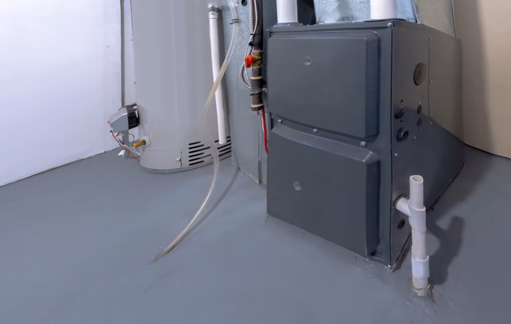Industrial boiler room with a large gray furnace, exposed pipes, and a red gas shutoff valve nearby.