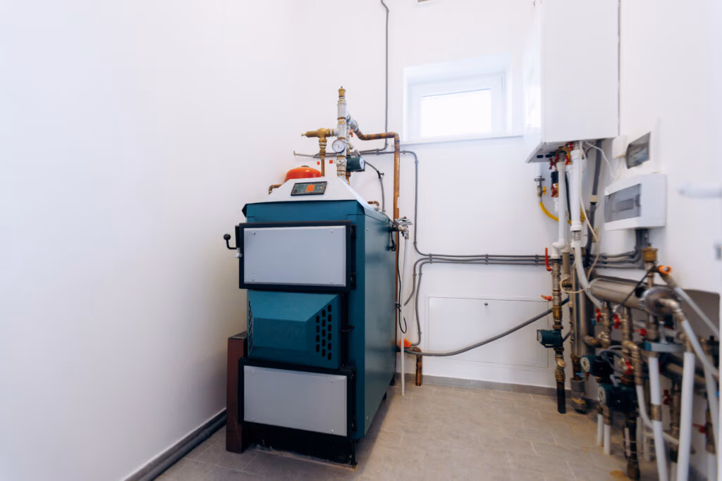 Industrial boiler with multiple pipes and gauges in a utility room